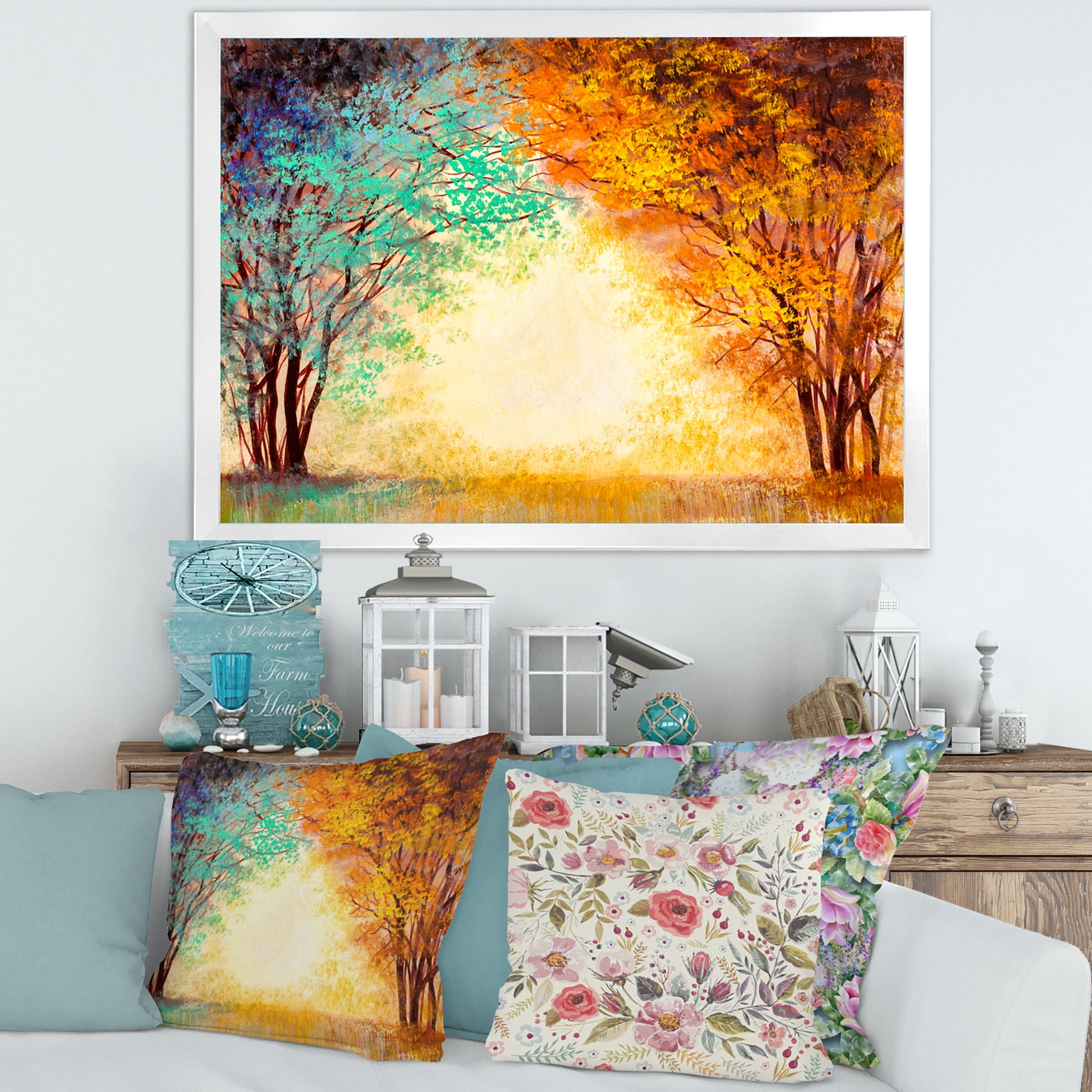 Designart 'Alley Through The Turquise Park In Autumn Sunset ' Traditional Framed Art Print