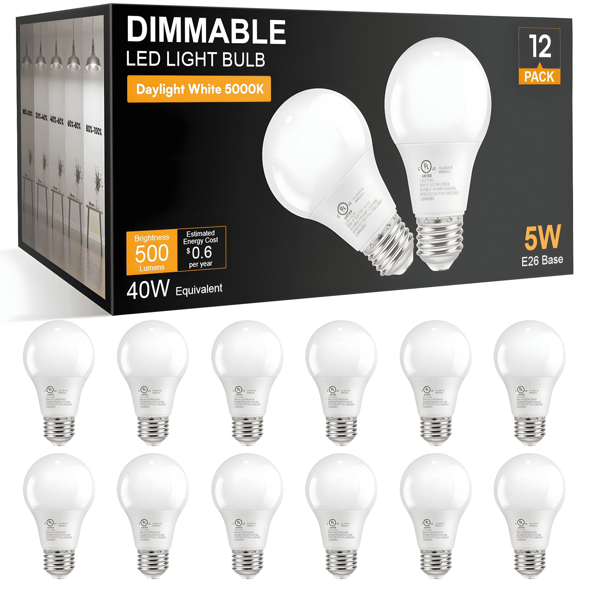 DAYBETTER Dimmable LED Light Bulbs 40 Watt Equivalent, E26 Base A19 Standard LED Bulbs, Soft Warm White 5000K Lightbulbs, 5W Energy Saving Light Bulbs for Home, 500 LM, 80+ CRI, 120V, UL, 12 Pack
