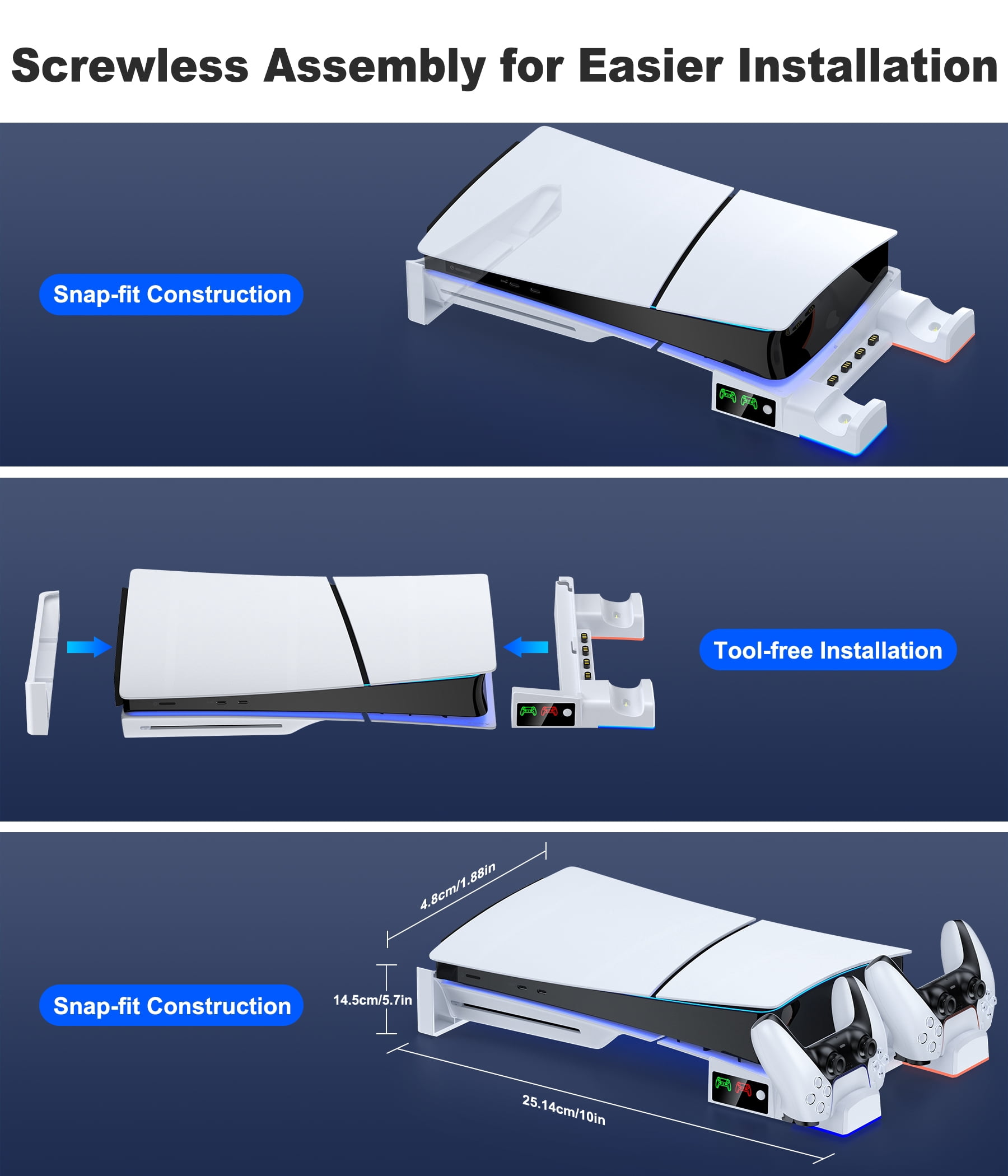 PS5 Slim Horizontal Stand Station with Controller Charger for Playstation 5 Pro/PS5 Slim Digital & Disc Console with Fast Charging