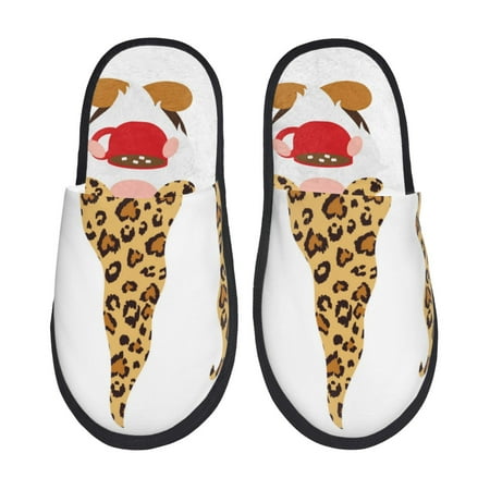 Balery Christmas Gnomes In Leopard Slient Indoor Furry Fleece Comfort House Shoes Soft Non-Slip Home Shoes Cotton slippers House Slippers-- Large