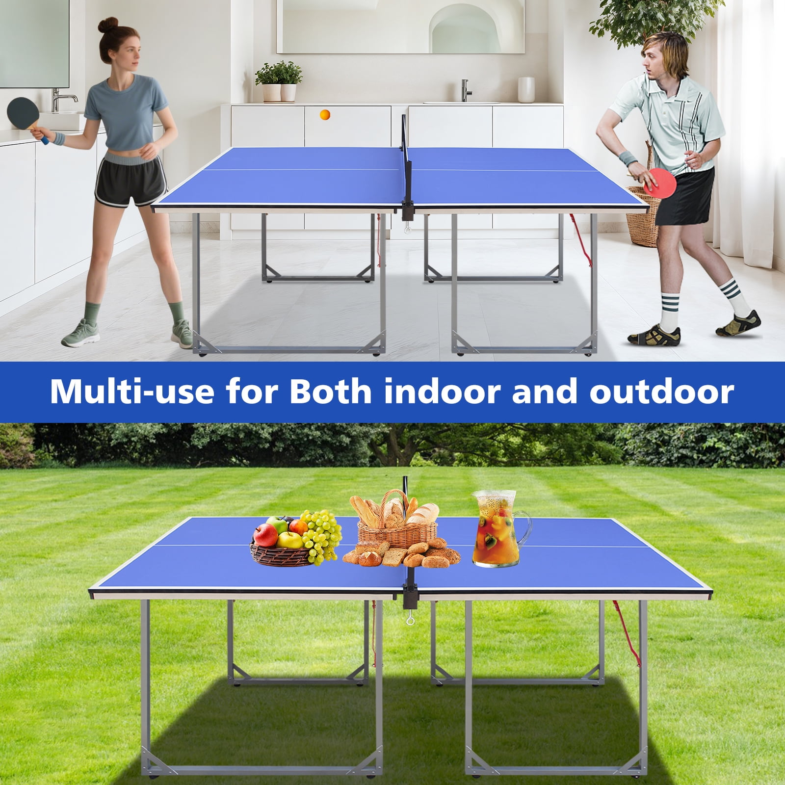 HooKung 6ft Ping Pong Table Foldable Table Tennis Table for Indoor Outdoor with Net, Table Tennis Paddles and Balls, Multi-Use Family Game Table for Kid Teenager Adult