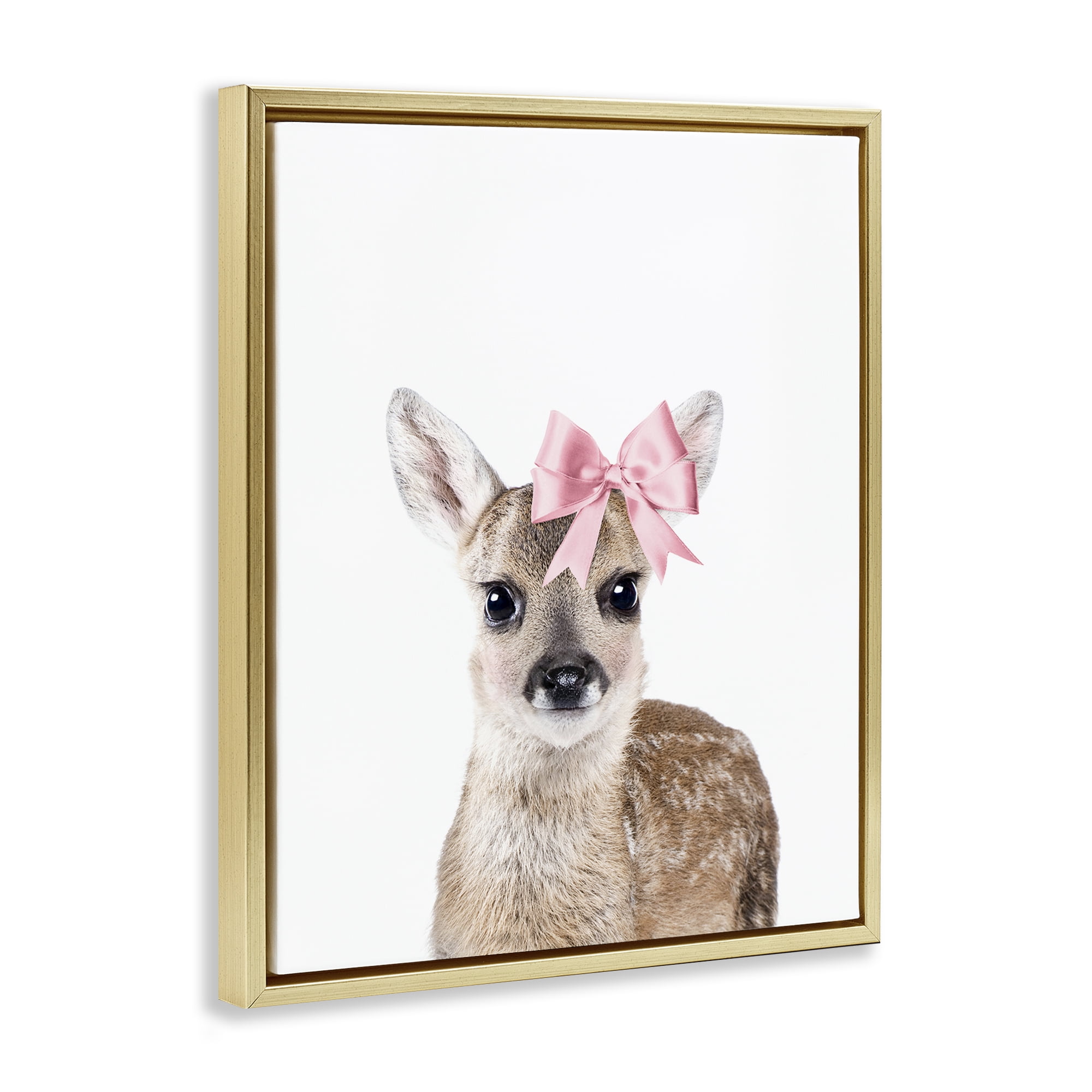Stupell Industries Fawn with Pink Bow Animals Painting Gold Floater Framed Canvas Art Print Wall Art, 17 x 21