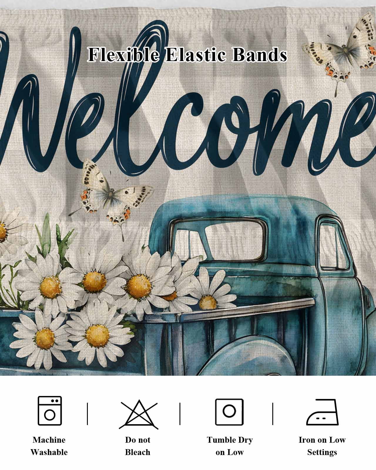 Daisy Butterfly Wrap Around Bed Skirts for Queen Bed 16" Drop,Bed Skirt with Adjustable Elastic Belt Dust Ruffle Bed Valance for Bedroom Hotel Blue Floral Truck Pastoral Grey Check Bed Frame Cover