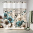 thumbnail image 6 of No Hook Shower Curtain, Teal Tulip Butterfly Shower Curtains for Bathroom with See Through Top Window, Beige Turquoise Floral Farmhouse Wooden Waterproof & Washable Bath Curtain 66"x72", 6 of 9