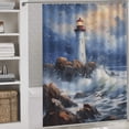 thumbnail image 3 of Lighthouse Sunrise Coast Scenery Pale Blue Tan Shower Curtain Fabric Bathroom Decor with Hooks, 3 of 8