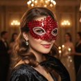 thumbnail image 6 of Jiibva Red Rhinestone Venetian Masquerade Half Face Eye Mask Halloween Costume, 6 of 7