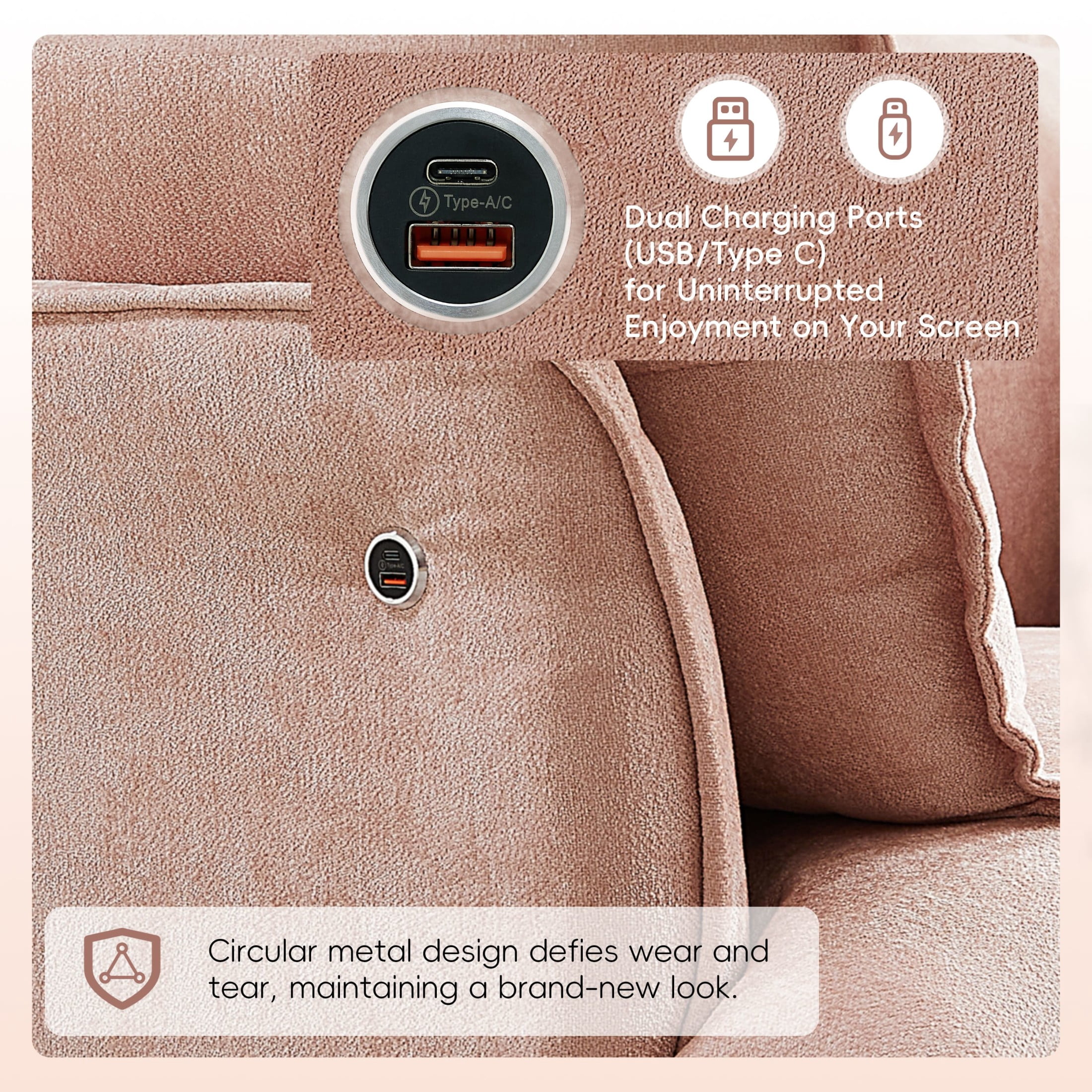 Noble House Genrix 47" Oversized Chenille Accent Chair with Charging Ports, Comfy Armchair for Living Room, Pink