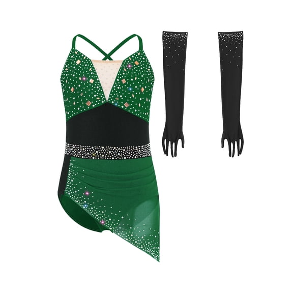 SiiRoh Girls Rhinestones Ballet Dance Leotard Mesh Figure Skating Dress Performance Competition Gymnastics Suit Dark Green Black 14