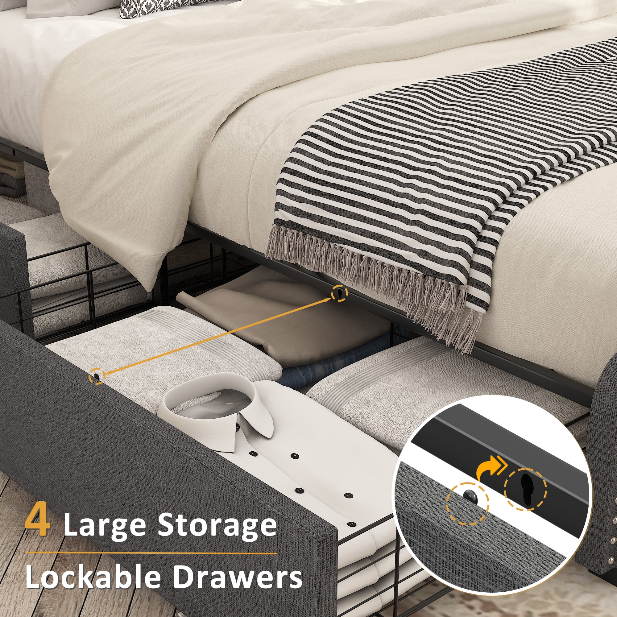 Lifezone Queen Size Platform Bed Frame with 4 Storage Drawers and Upholestered Headboard, Dark Grey