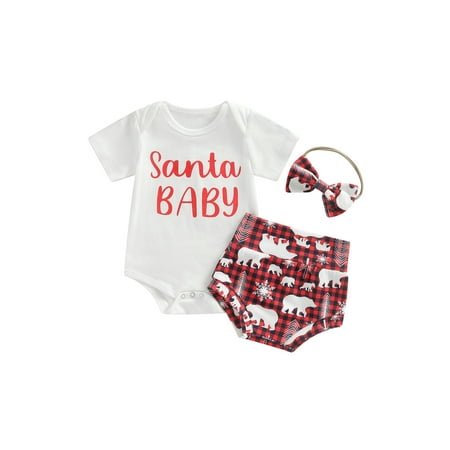 

Musuos Baby Girls 3Pcs Christmas Outfits Short Sleeve Letter Romper + Plaid Shorts + Headband Set