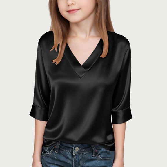UQJfacai Girls Satin Silk Tops Dressy Casual V Neck 3/4 Sleeve Dress Blouses Lightweight Spring Summer Tunic Shirts 4-15 Years