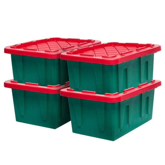 HOMZ Durabilt 15-Gallon Holiday Storage Tote, Green Base & Red Lid, 4 Pack