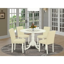 Round Kitchen Table Set 5pc 42" Table w/ Drop Leaves & 4 Parsons Chairs - White PU Leather