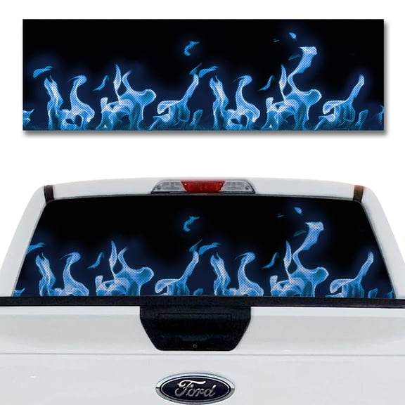 Rear Window Decal for Trucks – Blue Flames 58 x 18 Inches, Weatherproof Perforated Vinyl See-Through Graphic, Fits Most Pickup Trucks & SUVs