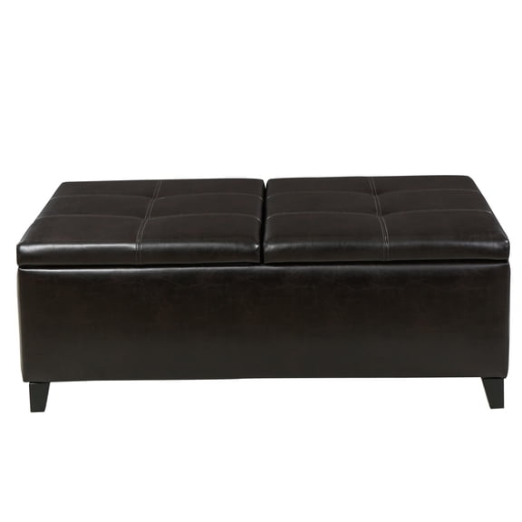 Benjara Lannie Storage Ottoman- Dual Top- Rich Brown Faux Leather- 48 Inch