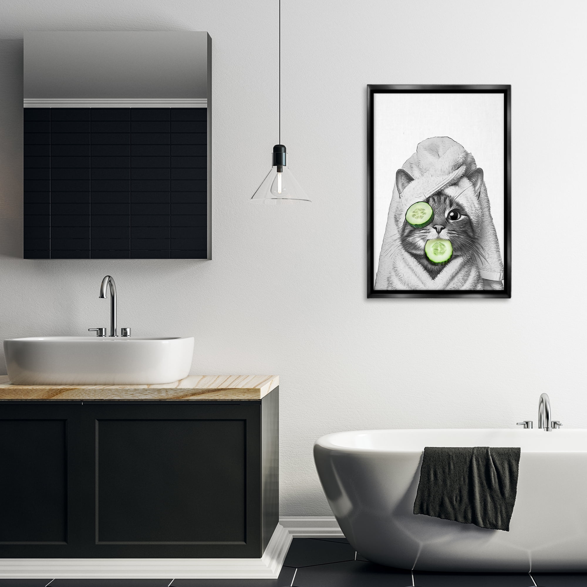 Stupell Industries Spa Bath Day Cat Typography Painting Black Floater Framed Canvas Art Print Wall Art, 21 x 31
