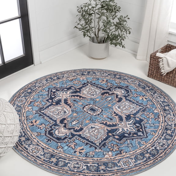 JONATHAN Y WASHABLE 5' Round Area Rug, Cirali Ornate Large Medallion - Blue/Beige, WSH105B-5R