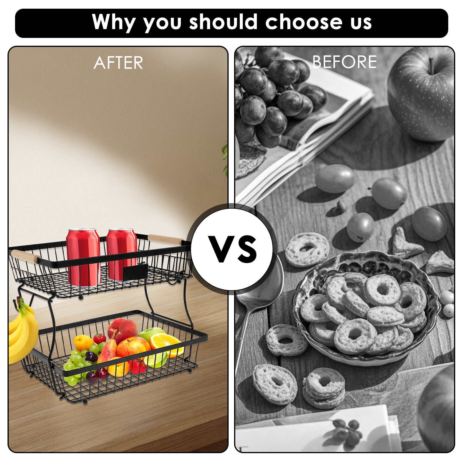 2 Tiers Fruit Basket with 2 Banana Hangers and Wood Handles Detachable Fruit Holder Multifunctional Fruit Rack Kitchen Countertop Rack for Vegetable Fruits Black