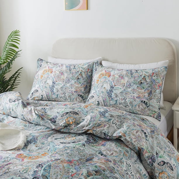 Paisley colorido juego de cama Queen Size Grey 3Pcs Duvet Cover Set Shabby Flower