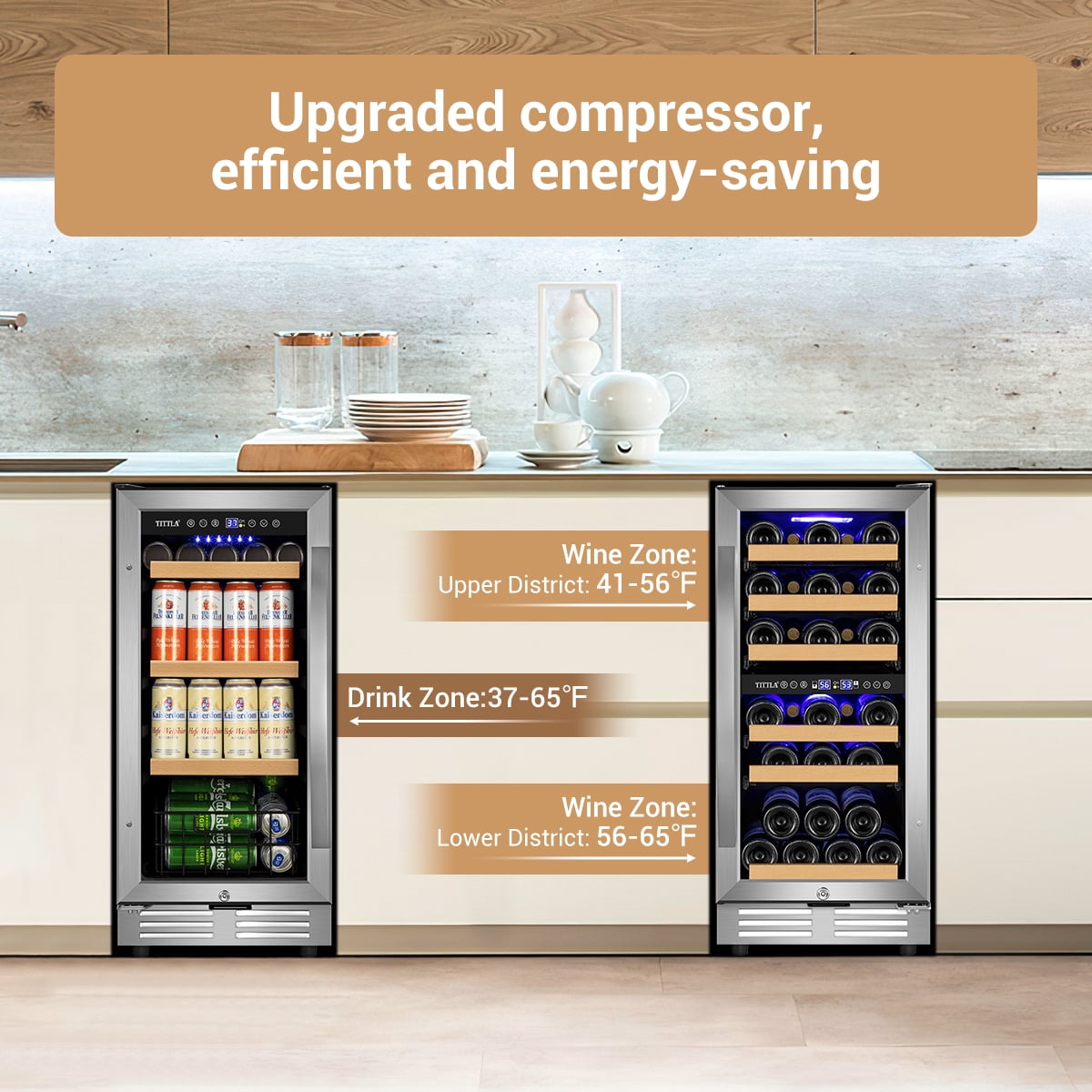 Tittla 15 Inch Dual Zone Wine Refrigerator and 15 Inch Beverage Refrigerator,Wine Cooler Holds 30 Bottles and 130 Cans for Kitchen Office