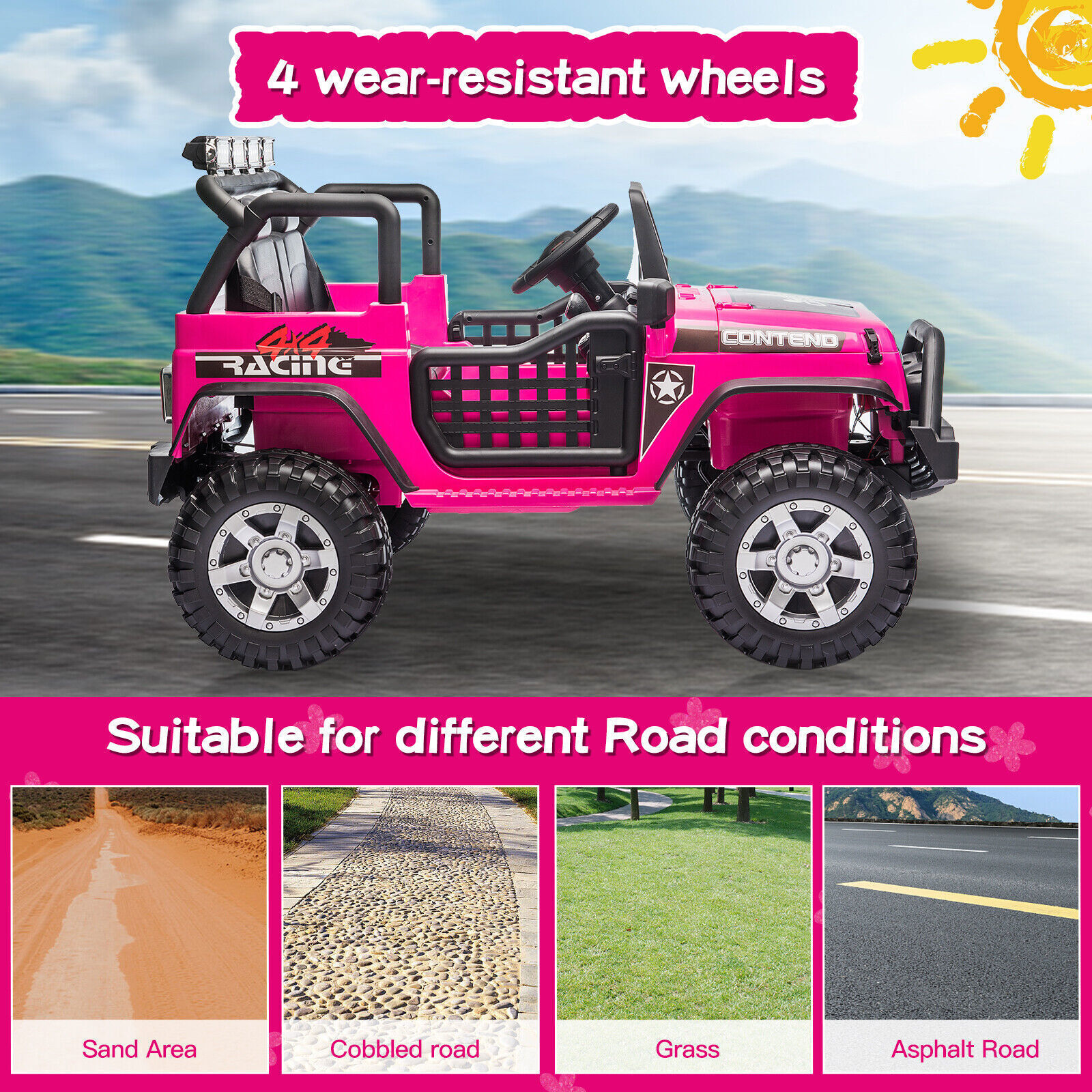 Dazone 12V Kids Ride on Jeep Car, Electric 2 Seats Off-road Jeep Ride on Truck Vehicle with Remote Control, LED Lights, MP3 Music, Pink - image 3 of 8