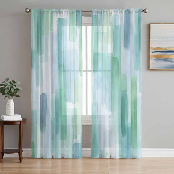 Teal Blue Geometric Sheer Curtains 63 Inches Long, Modern Abstract Color Blocks Light Filtering Window Curtains for Living Room/Bedroom, Rod Pocket Voile Sheer Curtain Drapes, 52"W x 63"L, 2 Panels
