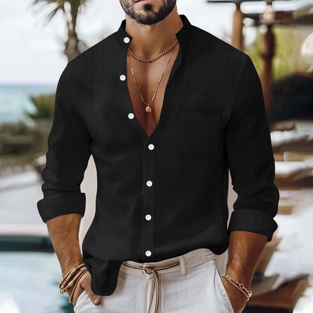 pstuiky hombres de manga larga, Camisa informal de manga larga con cuello alto y bolsillos para hombre, con botones y color liso top de hombre s
