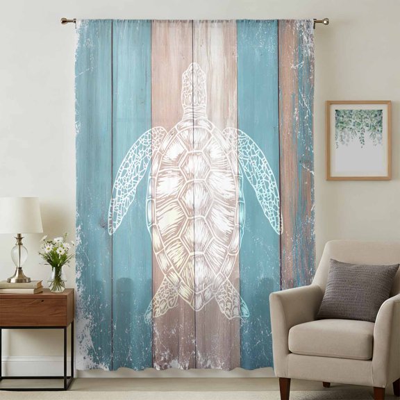 Vintage Sea Turtle Sheer Curtains 108" Extra Long for Living Room, Retro Wood Nautical Summer Beach Light Filtering Privacy Drapes, Breathable Semi Sheer Window Treatment for Floor to Ceiling Window