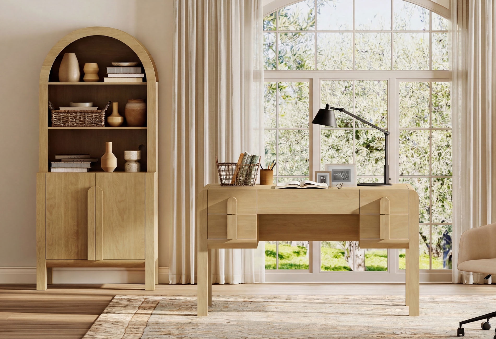 2 Piece Office Set, 53.5" Modern Executive Desk with Charging Station and Drawers & 71"H Tall 5-Tier Arched Bookcases with Storage Cabinet for Living Room, Bedroom, Home Office
