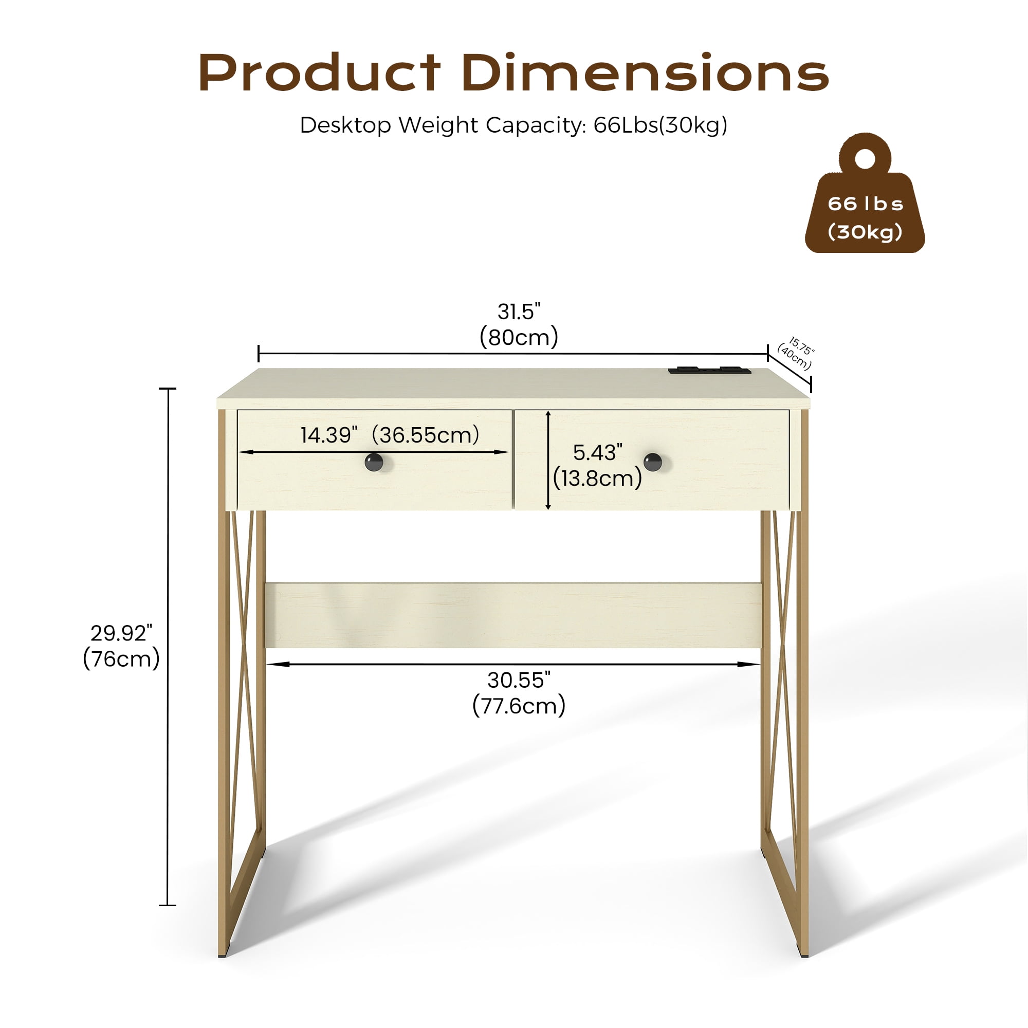 Manxile Computer Desk with 2 Storage Drawers, Home Office Writing Study Desk PC Table for Small Space/Bedroom, White+Gold