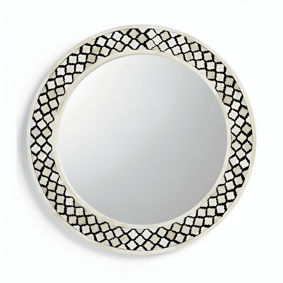 RUDRAKSHA CORPORATION Bone Inlay Round Mirror – Moorish Quatrefoil Pattern in Jet Black and Ivory, Boho Luxe Decor