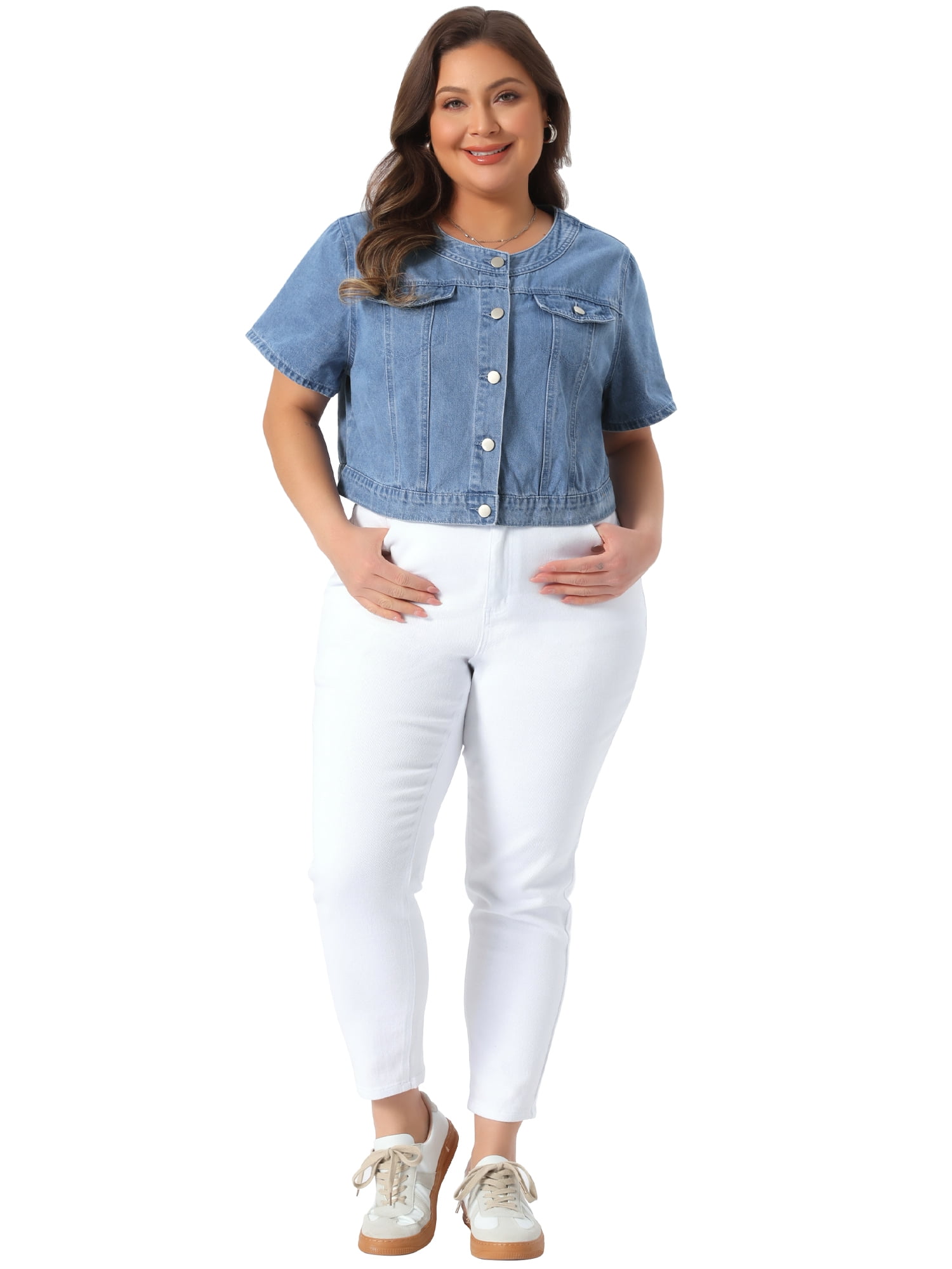 DARING DIVA Women's Plus Crew Neck Button Down Cropped Denim Vest 2X Light Blue
