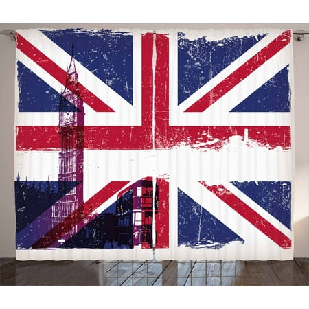Union Jack Curtains 2 Panels Set Grungy Aged Uk Flag Big Ben Double Decker Country Culture Historical Landmark Window Drapes For Living Room