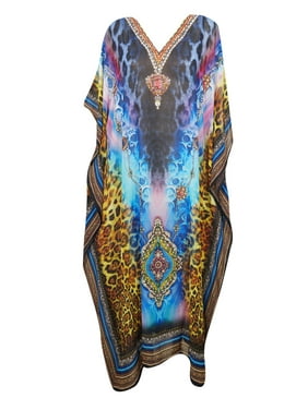 Mogul Jewel Print Kimono Caftan Dress Resort Wear Blue Festival Gorgeous Maxi Dresses ONE SIZE