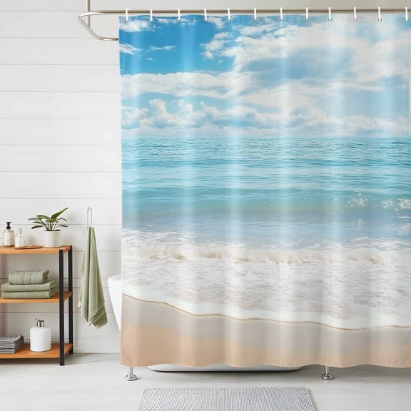 Shower Curtains for Bathroom, Blue Ocean Waterproof Fabric Shower Curtain, Coastal Sea Beach Shore Sky Waves Scenery Decorative Bathroom Curtain for Bathtub, 72"x72", No Hooks Included