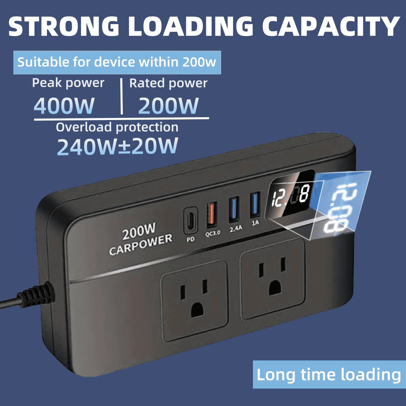 200W Car Power Inverter, DC 12V to 110V AC Car Inverter,3 USB 1 Type-C Ports Charger Adapter Car Plug Converter with Switch and Current LED Screen,Suitable for Car, SUV & Truck (Black)