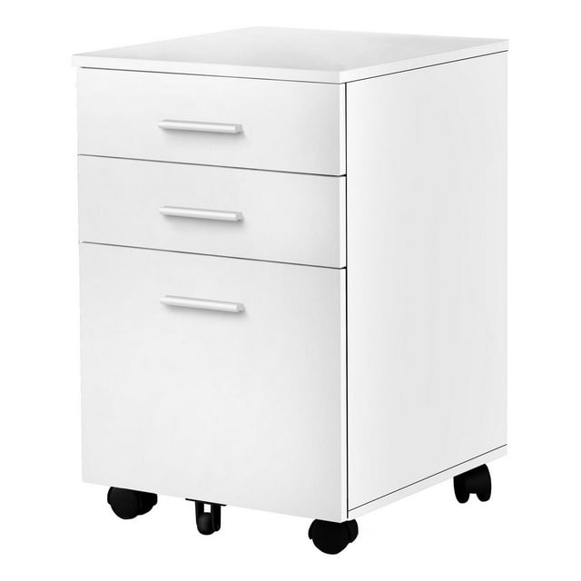Monarch Specialties white laminate rolling file cabinet with three drawers and caster wheels for office storage.