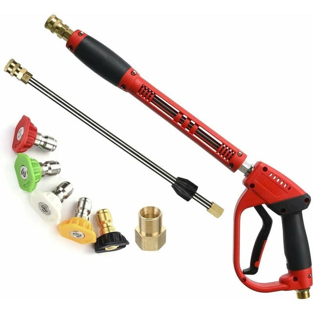 Pressure Washer Gun For High Pressure, Brass Connector With Ergonomic Handle, 5 Replaceable Nozzles, Secure Trigger Lock, Versatile Use For Cars Driveways, 8.8 Inch, 5000 PSI