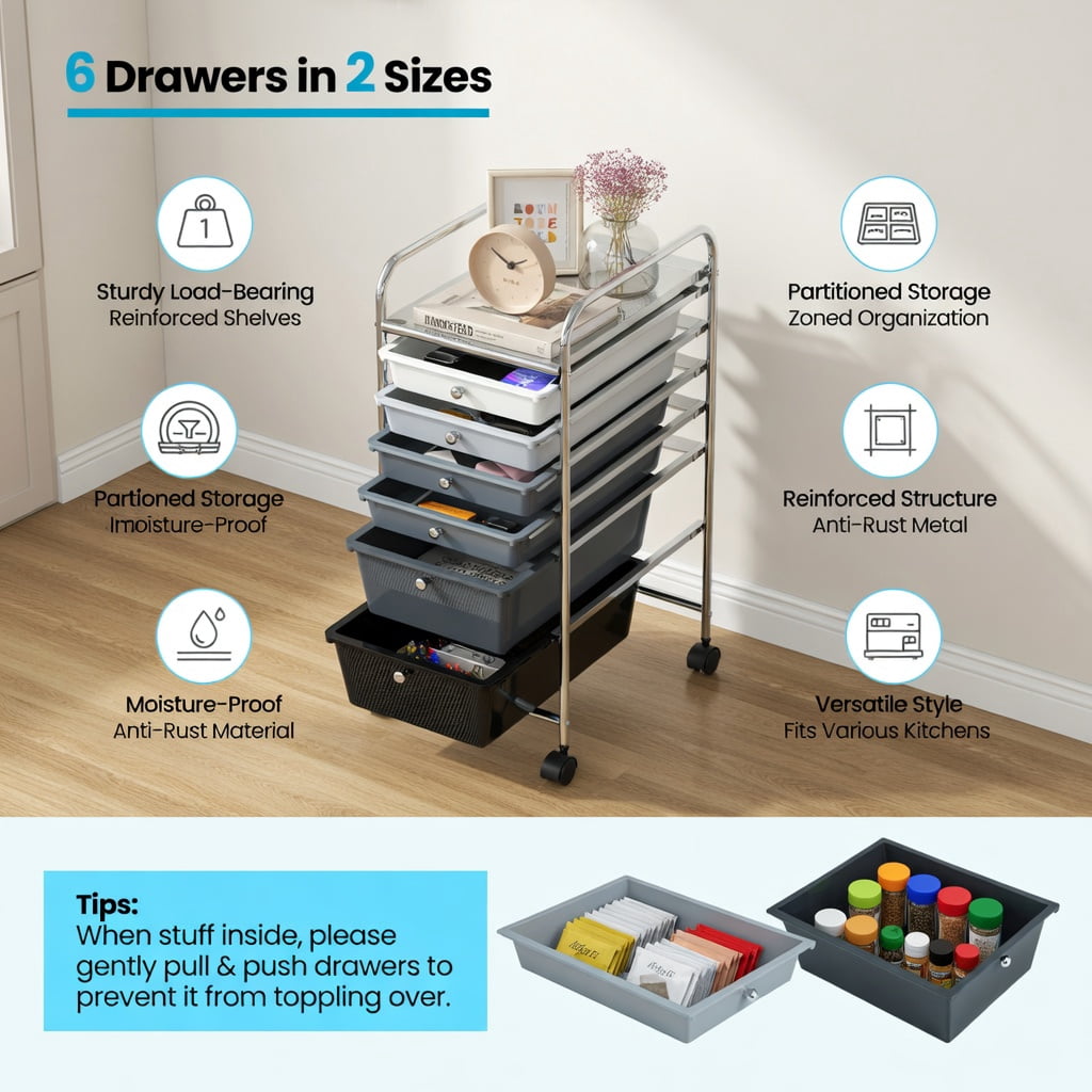 Spaco 6 Drawers Rolling Storage Cart Organizer-Mixed Black, Craft Organizers and Storage, Multipurpose Organizer Cart for Home, Office, School