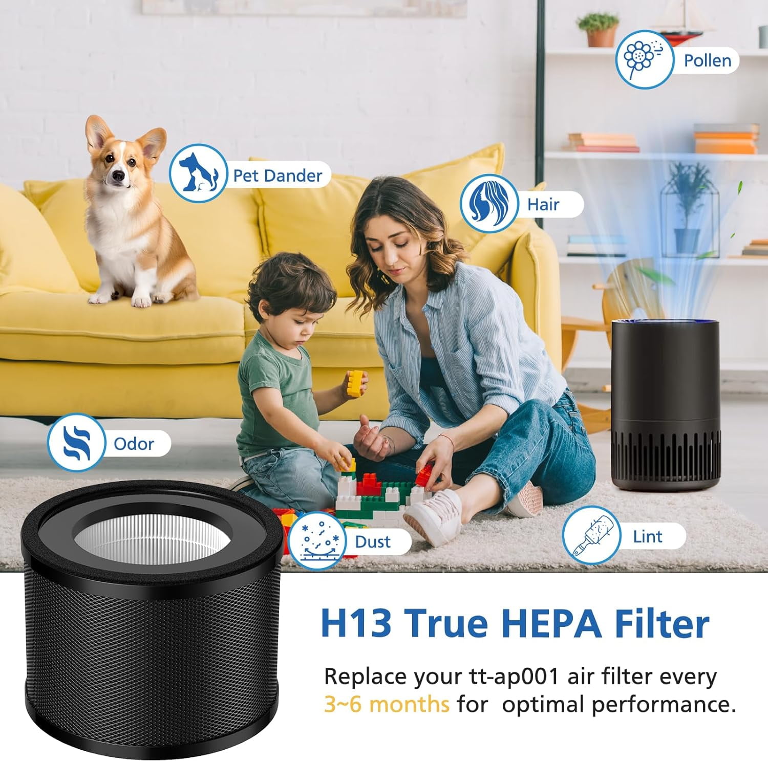 1Pack H13 True HEPA Replacement Filter, Compatible with TaoTronics TT-AP001 and VAVA VA-EE014, 3-in-1 H13 Grade True HEPA and Activated Carbon Filter