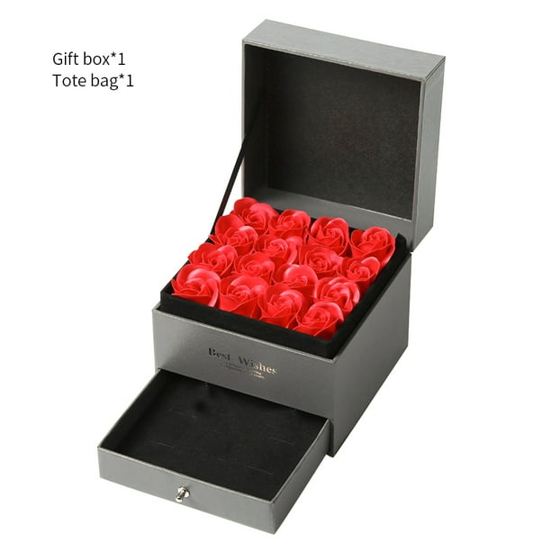 Caja de regalo de flores Cajón de madera Caja de flores Decoración de doble capa Organizador de joyas de flores, 16 flores, Rojo Inevent HA003065-01B