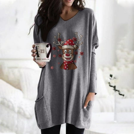 

jsaierl Womens Christmas Sweatshirt Dresses Long Sleeve Crewneck Cute Elk Shirts Oversized Tunic Tops Long Sweatshirt with Pocket