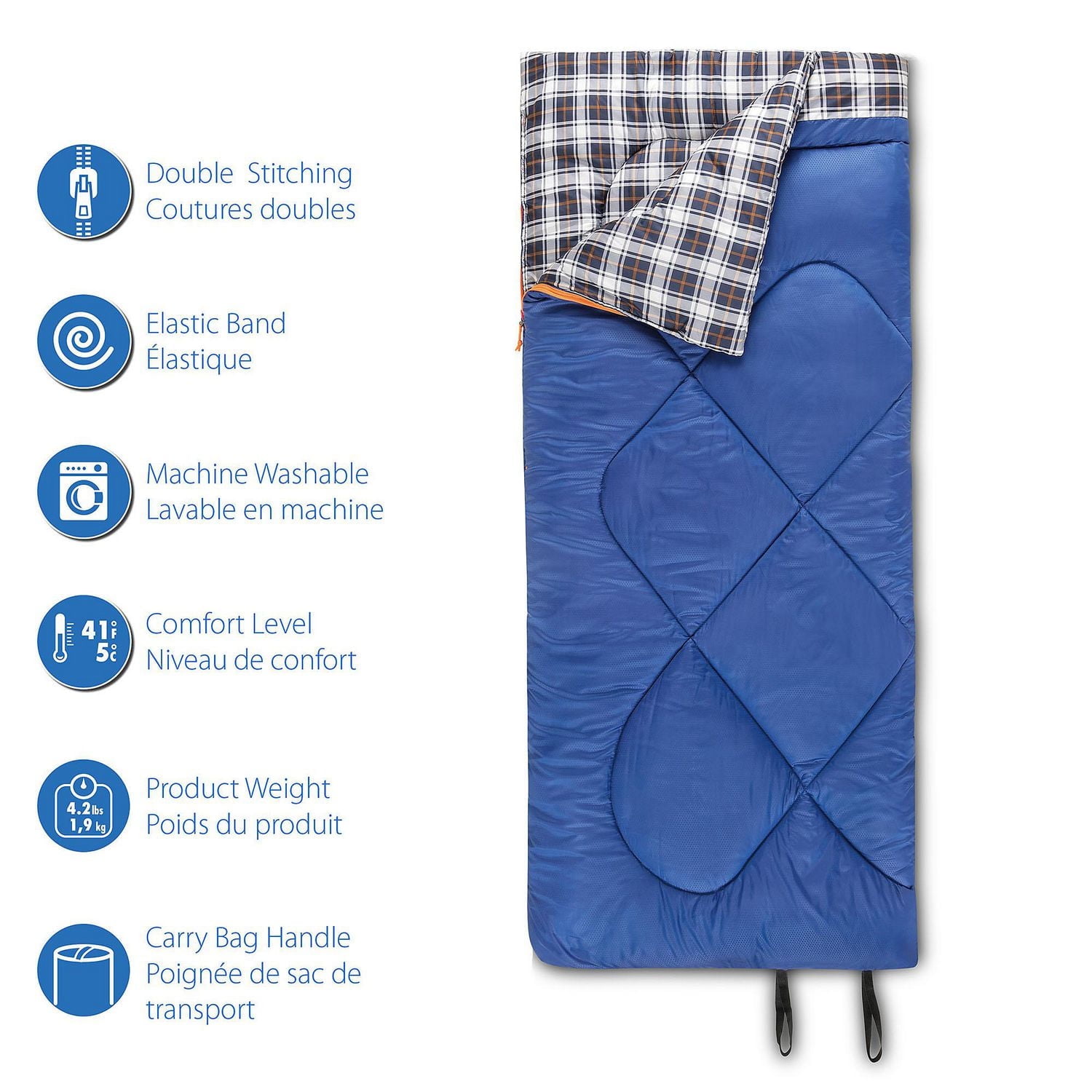 Ozark Trail 5C Rectangular Sleeping Bag, 75"(L) x33" (W), Temp rating +41℉/+5℃, Polyester outer,  Blue, 75"(L) x33" (W)