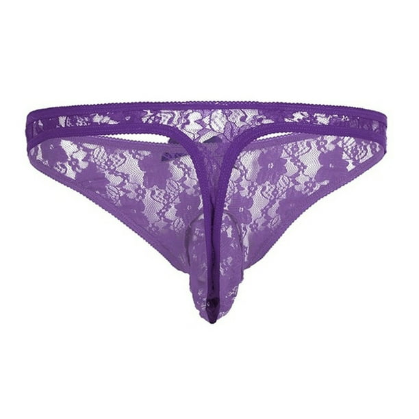 BEFOKA Womens Underwear Men Lingerie Floral Lace Semi See-through Bikini  Briefs T-back Underwear Purple M