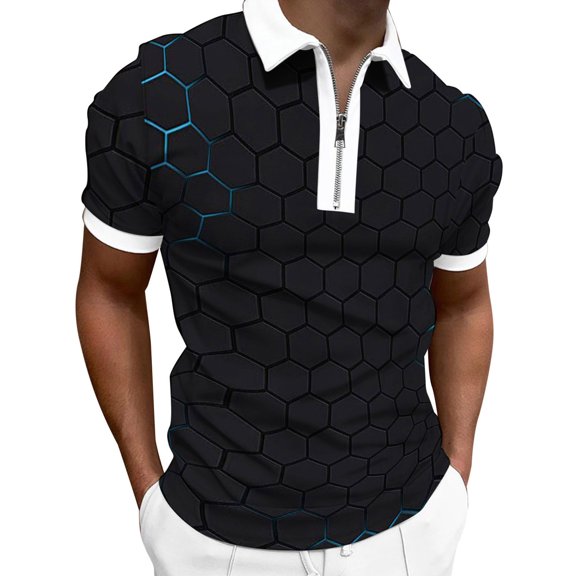 Baqcunre Mens Shirts Men Shirt Lapel Zipper Short Sleeve Loose Shirt Printed Shirt Top Polo Shirts For Men Tops For Men Black L