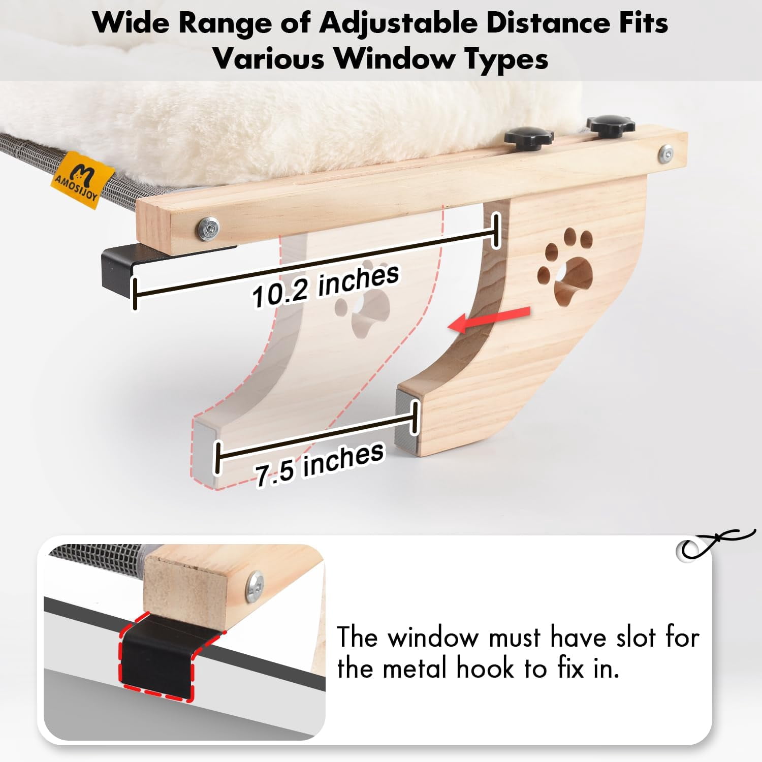 Cat Sill Window Perch Sturdy Hammock Seat with Cushion Bed Cover, Wood & Metal Frame for Large Cats, Easy to Adjust Windowsill, Bedside, Drawer and Cabinet(Cushion Bed)