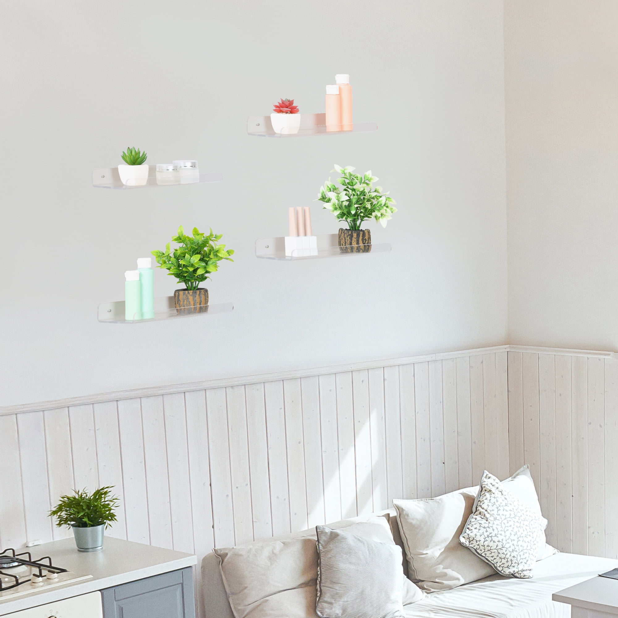 Unique Bargains Acrylic Floating Shelves Clear Acrylic Shelf for Living Room Bedroom Wall 12" x 4" x 2" 4