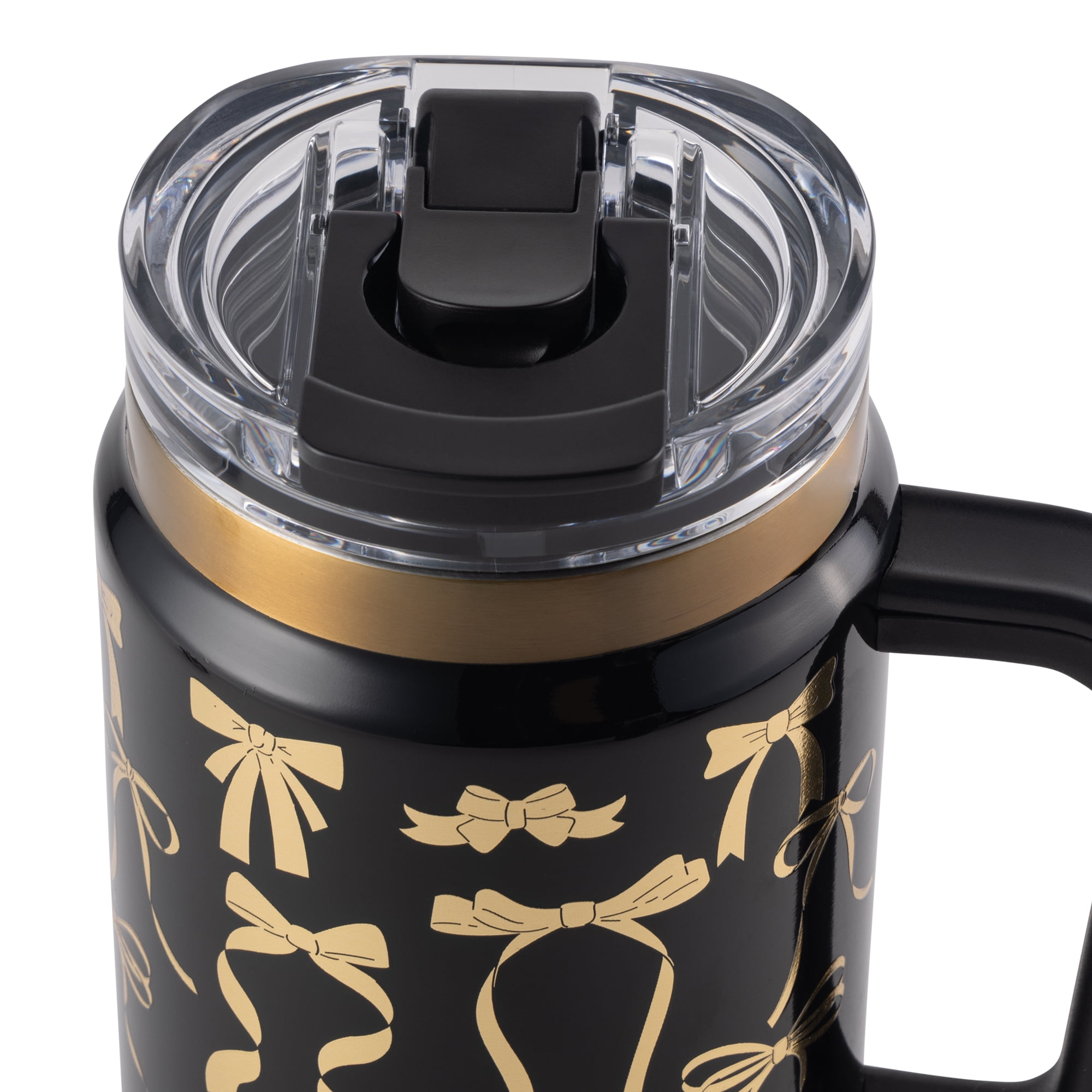 Thyme & Table 32 fl oz Stainless Steel Luna Tumbler with Handle and Dual Straw Lid, Black & Gold Bows