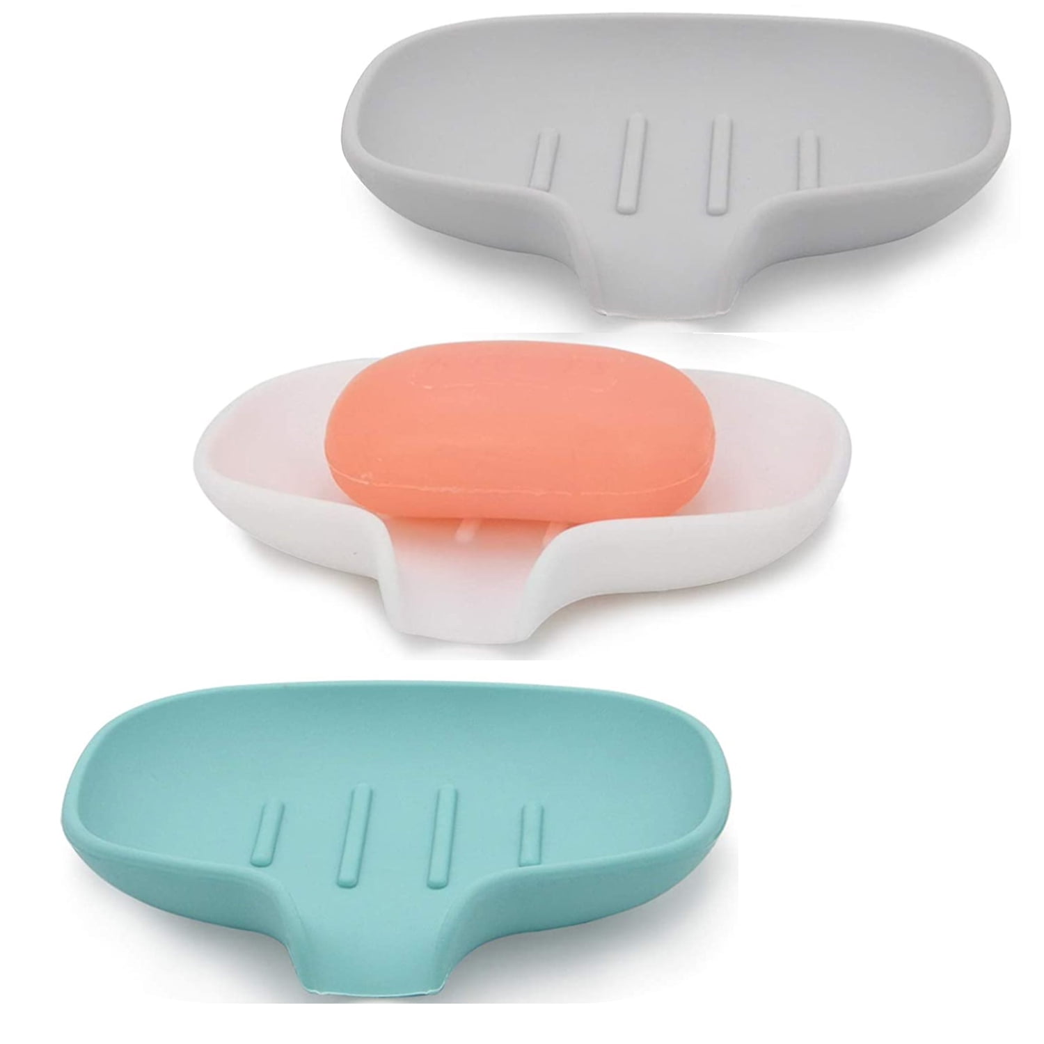 3 Pack Silicone Soap Dish with Drain, Bar Soap Holder for Shower/Bathroom, Self Draining Waterfall Soap Tray/Saver for Kitchen, Keep Soap Dry, Easy to Clean