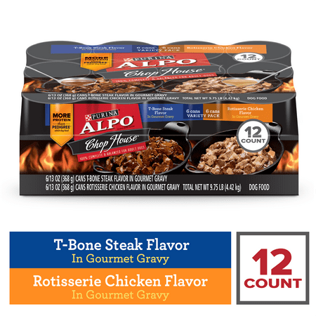 (12 Pack) Purina ALPO Gravy Wet Dog Food Variety Pack Chop House T-Bone Steak & Rotisserie Chicken Flavor 13 oz. (Best Way To Cook Chicken)